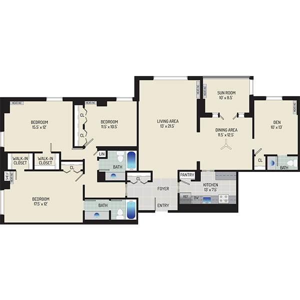 London Park Towers Apartments - Floorplan - 3 Bedrooms + 2.5 Baths
