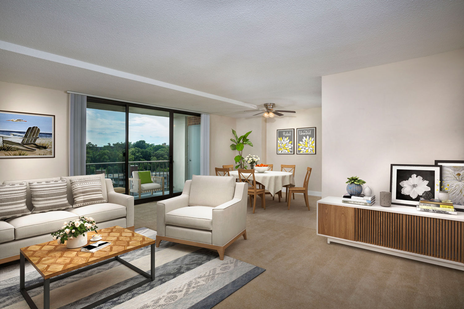 Spacious living and dining area at London Park Towers Apartments in Alexandria, VA