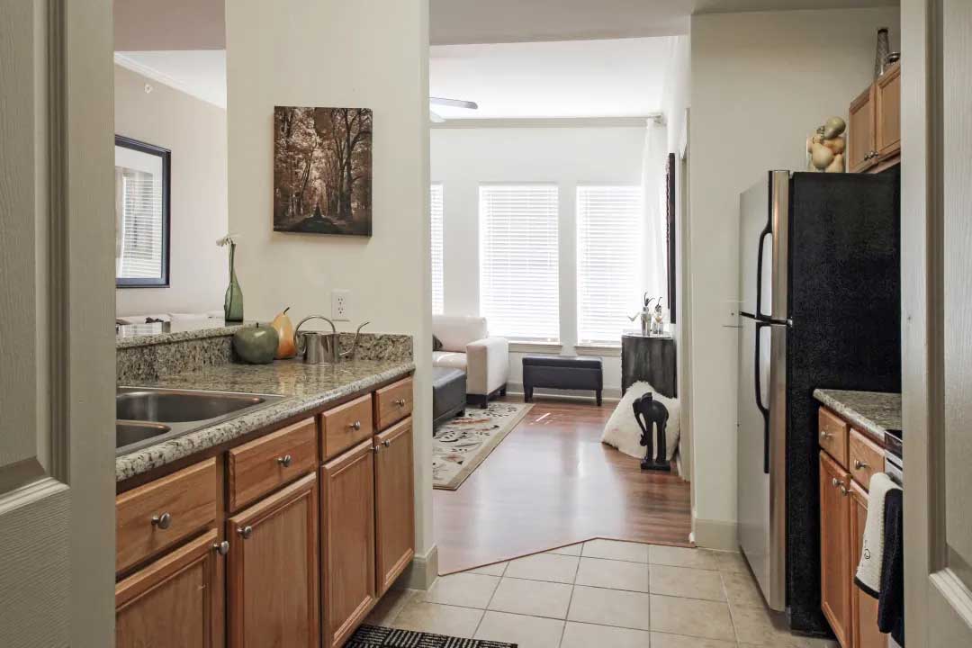 Galley-Style Kitchen at Mainstreet at River Ranch Apartments in Lafayette, LA