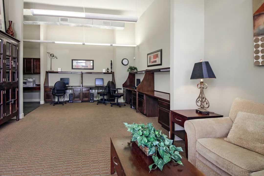 Business Center Lounge Area at Mainstreet at River Ranch Apartments in Lafayette, LA