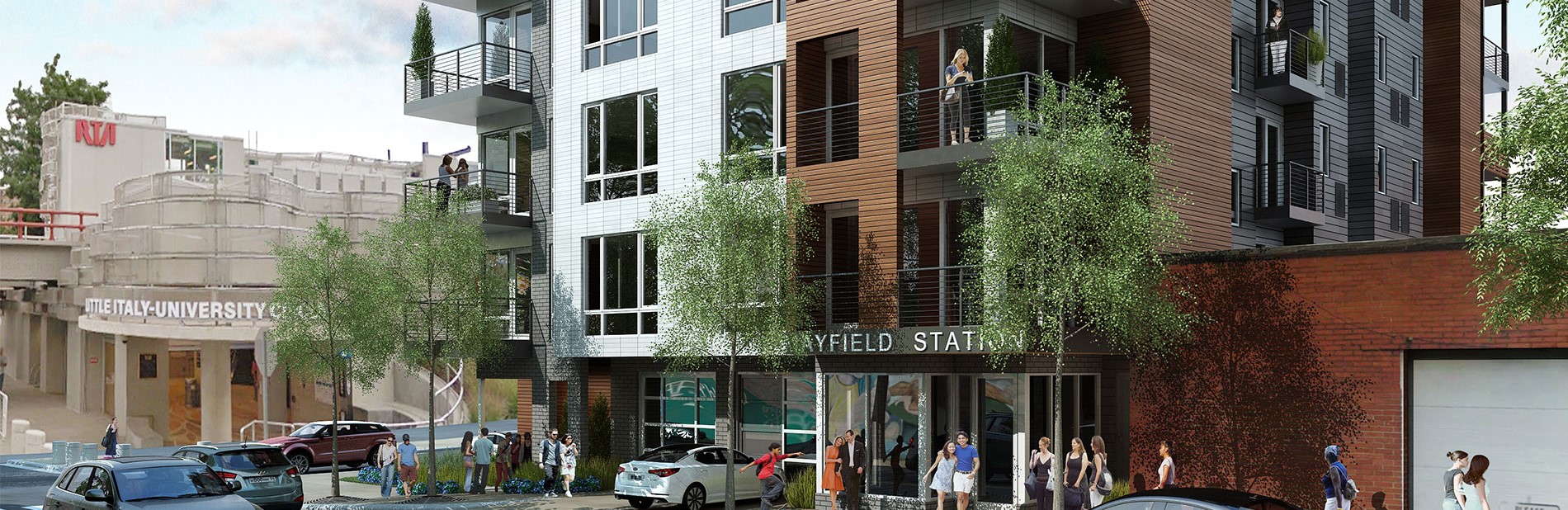 Multi-level apartment exterior at Mayfield Station Apartments