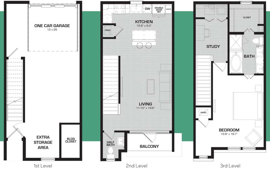 Midway Row House - Floorplan - Green Teal - Townhome with Study