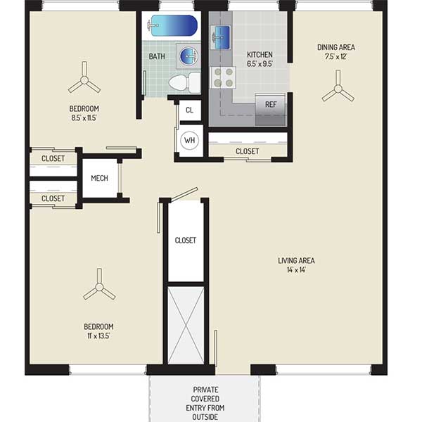 Northwest Park Apartments - Floorplan - 2 BR + 1 BA Apartment