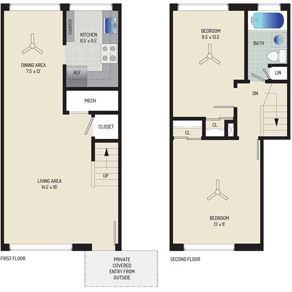 Northwest Park Apartments - Floorplan - 2 BR + 1 BA Townhome
