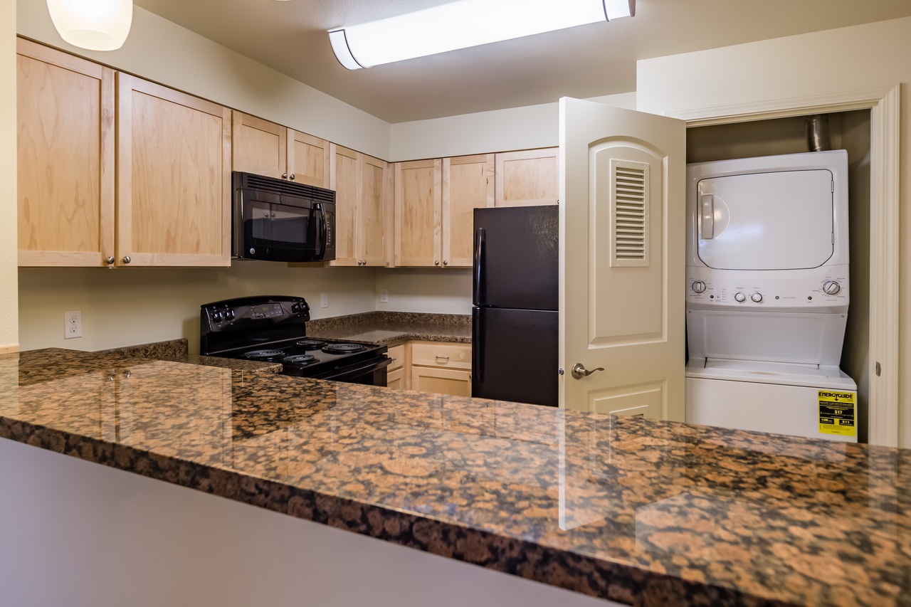1BR Kitchen with Quartz Countertop and In-Unit Washer & Dryer