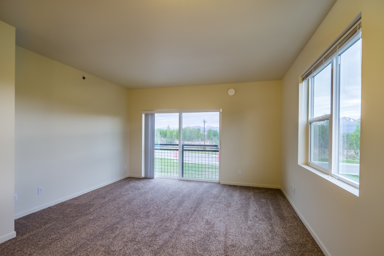 1BR Interior with Plush Carpet Flooring and Balcony