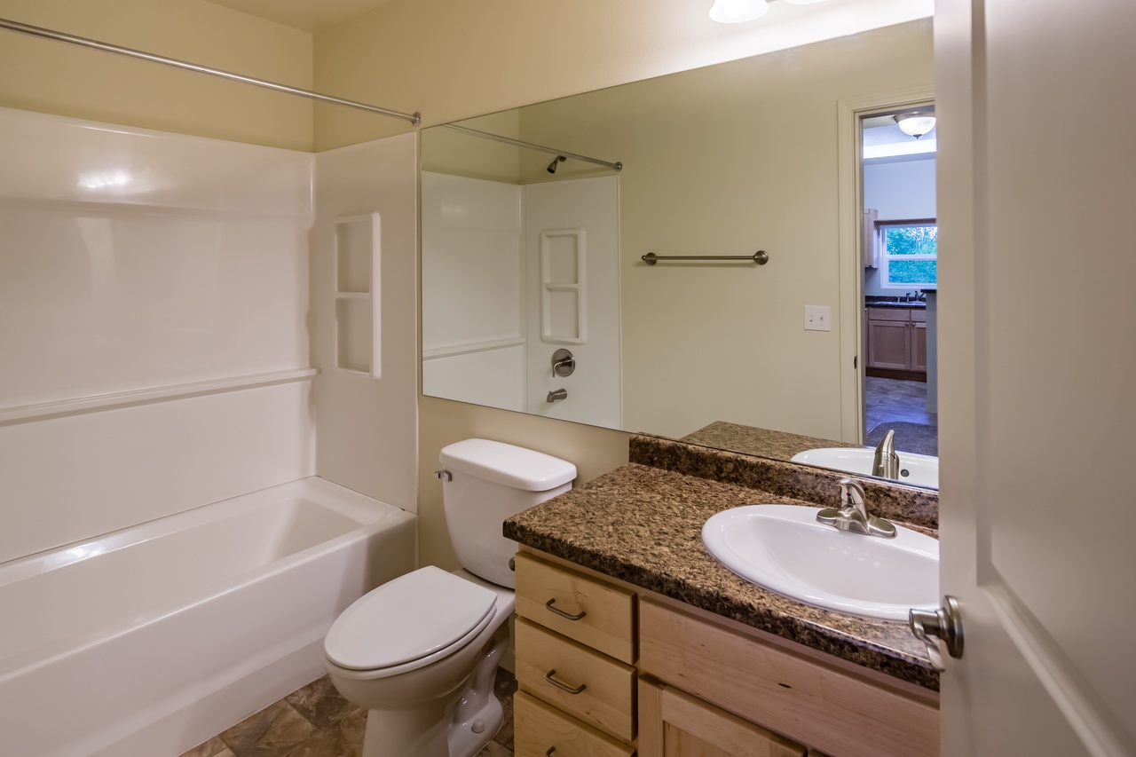 1Br Bathroom area with Tub & Shower Combination and Huge Vanity Mirror