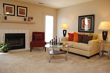 Living Area with Cozy Wood Burning Fireplace  at the Oak Pointe Apartment Homes in Simpsonville , SC