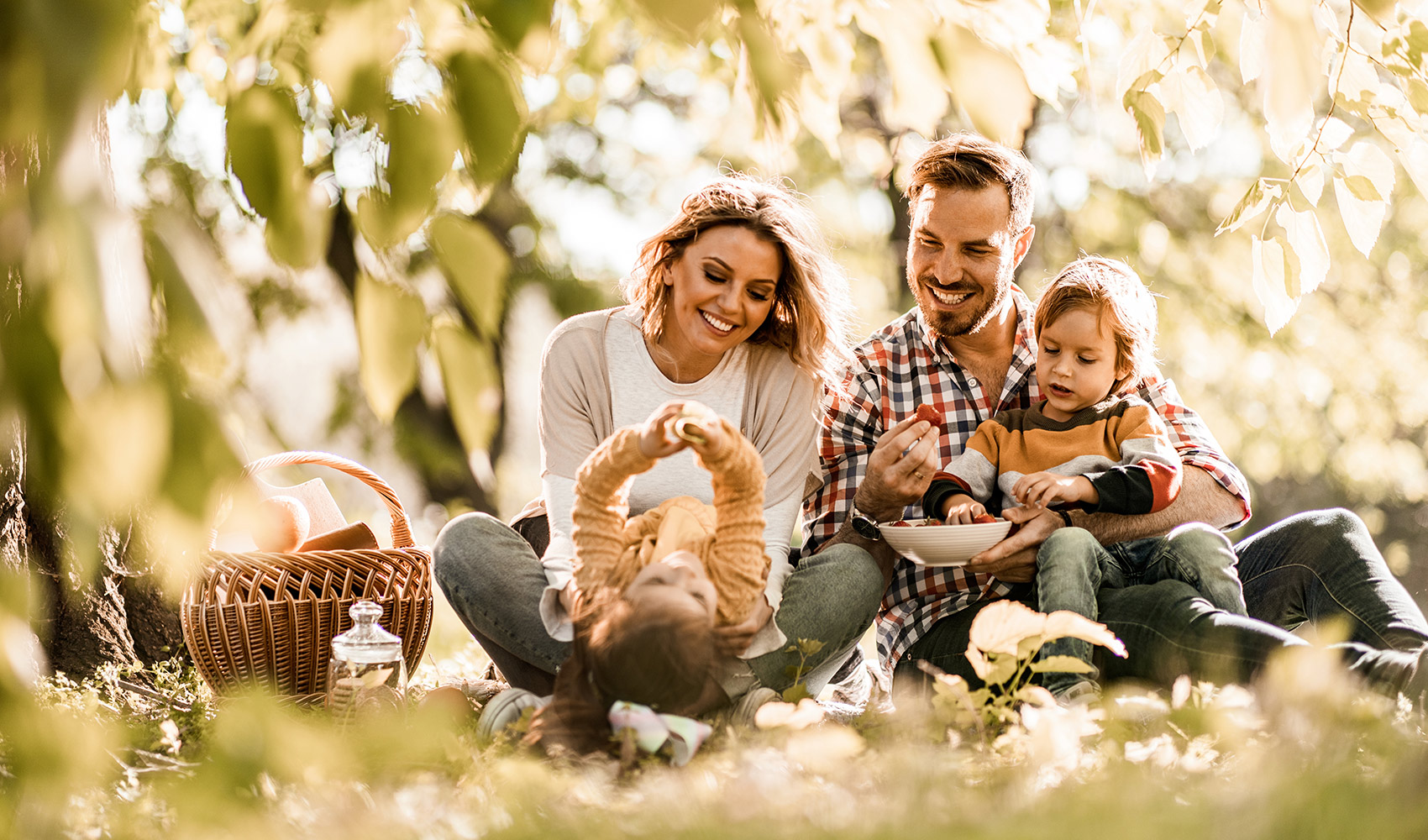 Image of a young family of four on a picnic