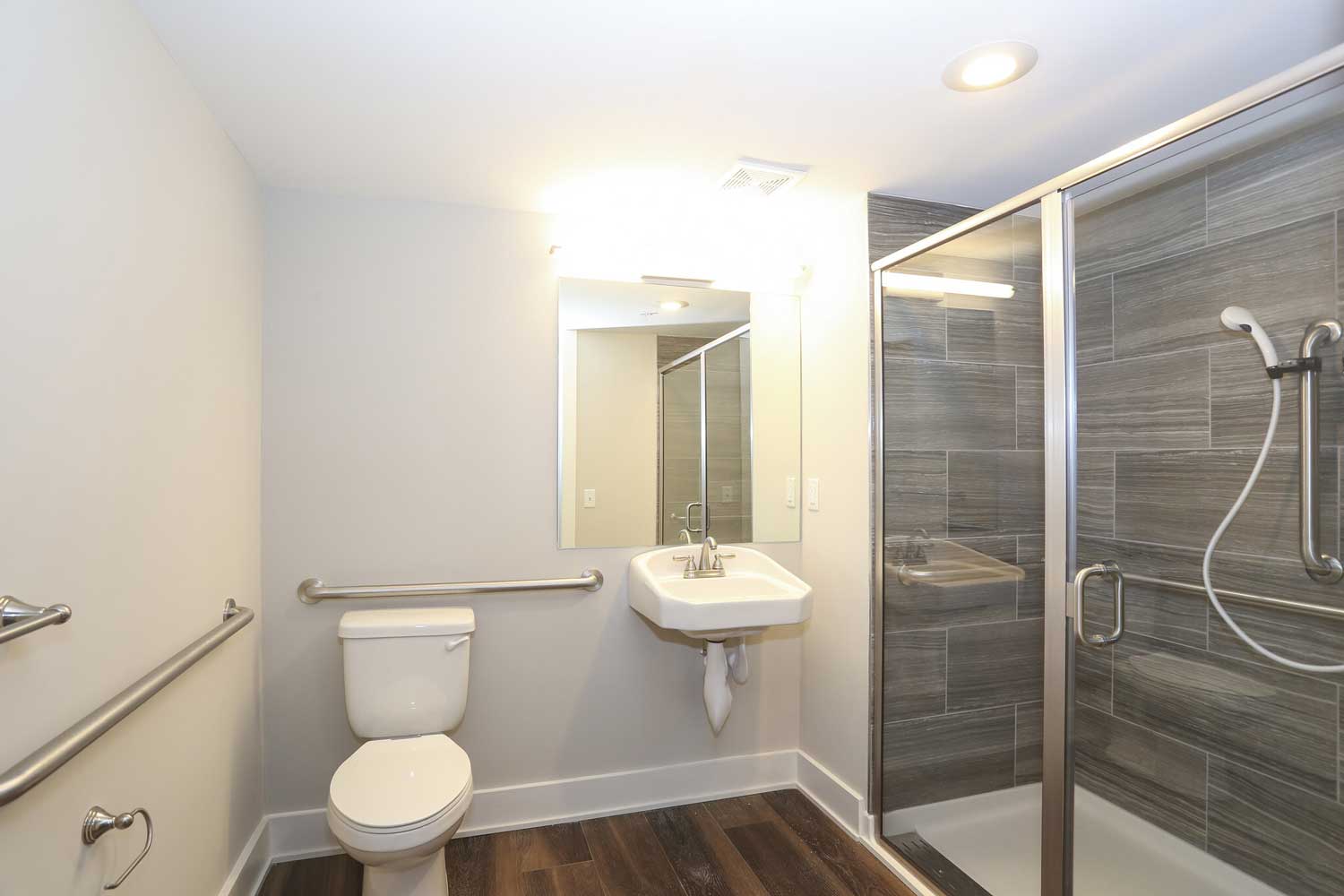 Refined Bathroom with Shower at OGGI Lofts Apartments