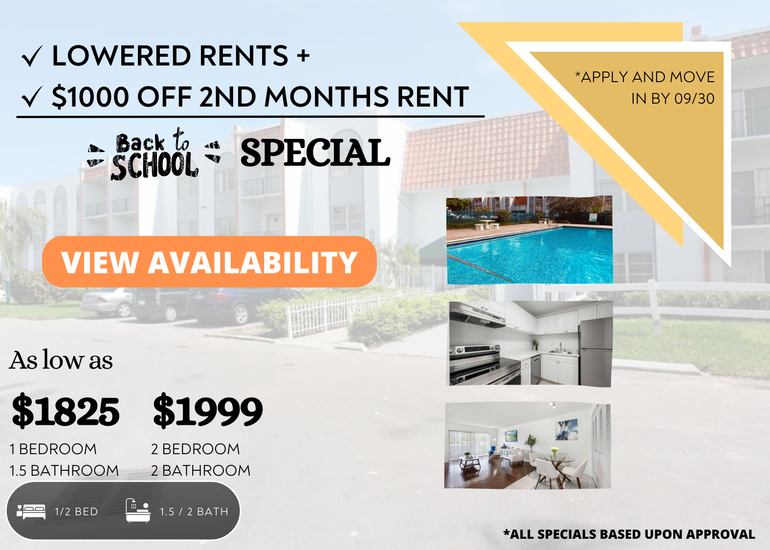 Back to School Special! As low as $1825 on 1 Bedroom and 1.5 Bath and $1999 on 2 Bedroom and 2 Bath! $1000 Off on your 2nd Month’s Rent. Apply and Move in by 9/30