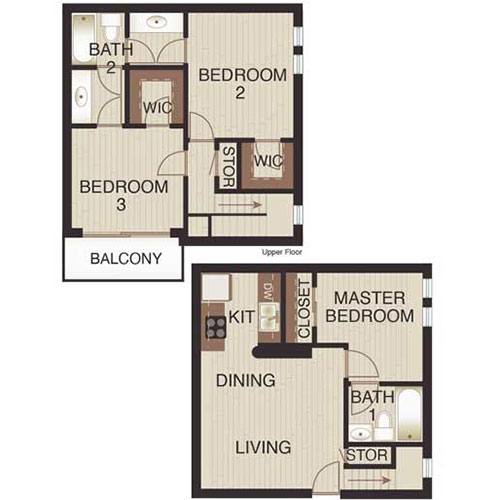Floor plan layout for Three Beds