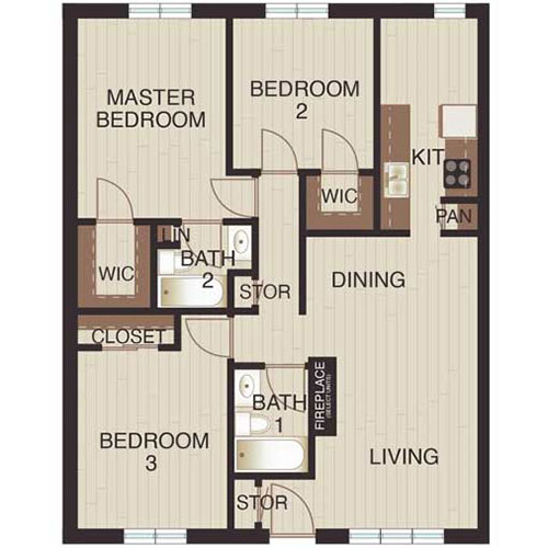 Floor plan layout for Three Beds