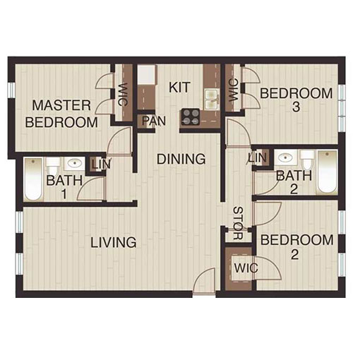 Floor plan layout for Three Beds