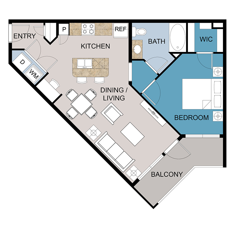 Park Rowe Apartment A2 Floor Plan 1 Bedroom 1 Bath with 762 square feet