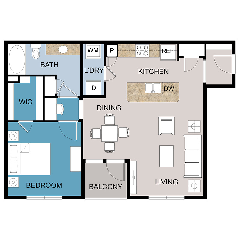 A4 Floor Plan with 1 Bedroom 1 Bath Apartment 842 SF