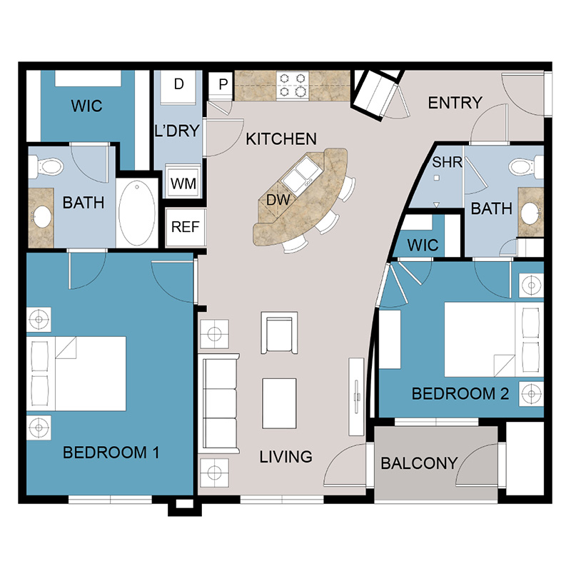 B1 Apartment Floor Plan 2 Bedrooms 2 Baths 1120 square feet