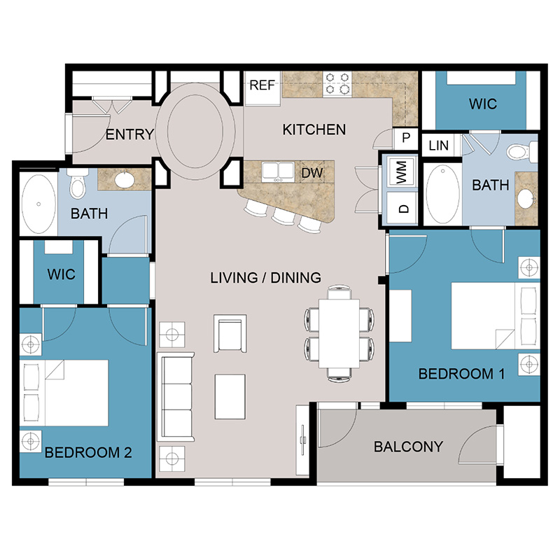 B2 Floor Plan 2 Bedroom 2 Bath Apartment 1261 square feet