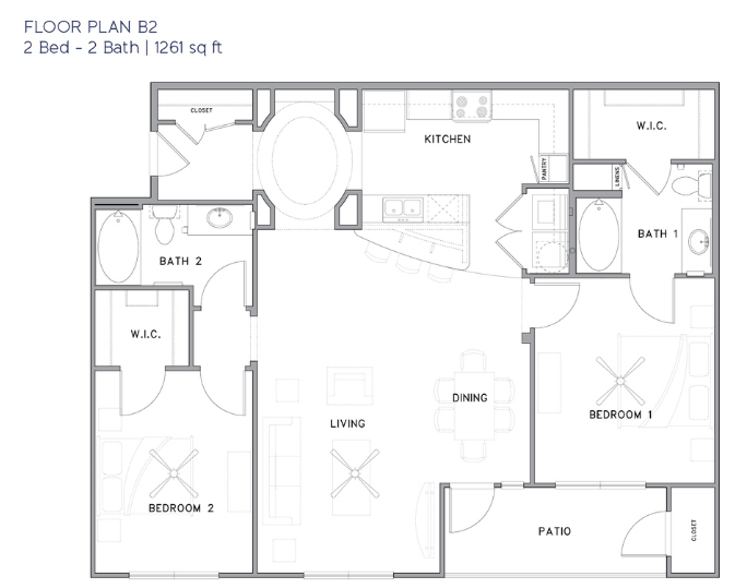 Park Rowe Village - Apartment 1115 - Black and White floor plan image 2 bed 2 bath with 1261 square feet