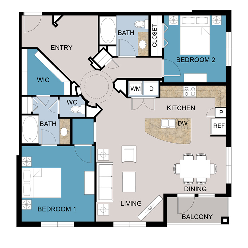 color floor plan of 1337 square foot apartment with 2 bedrooms and 2 bathrooms
