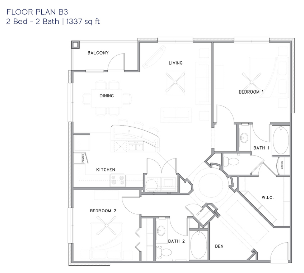 black and white floor plan of B3 floor plan 1337 square feet