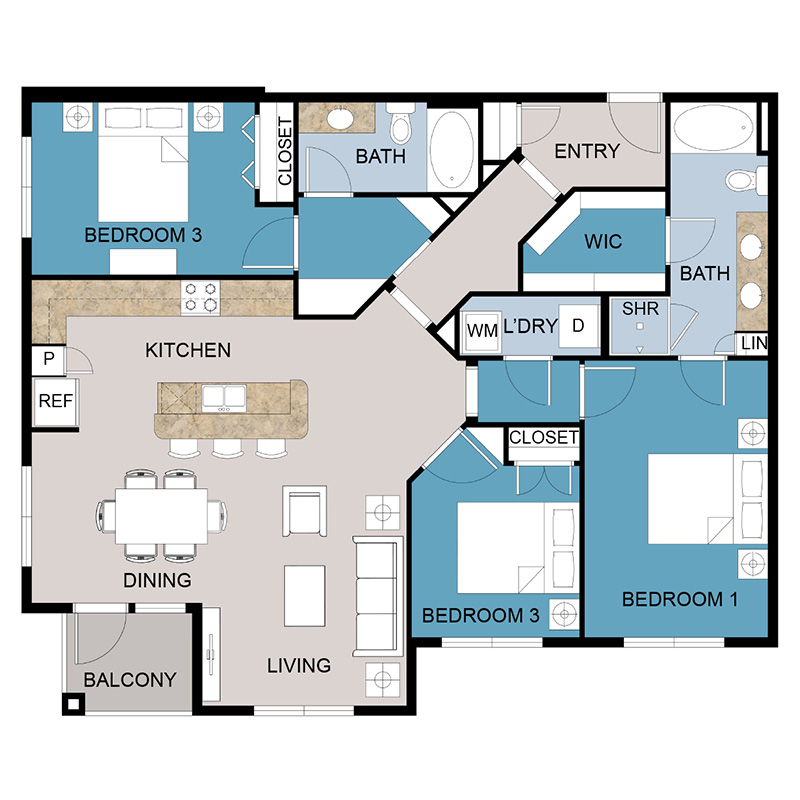 color floor plan of 1471 square foot apartment with 3 bedrooms and 2 bathrooms