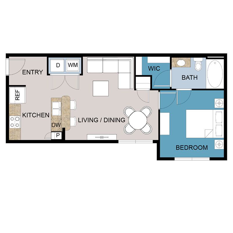 Park Rowe Floor Plan A1 1 Bed 1 Bath 602 square feet with Kitchen Living Dining Room
