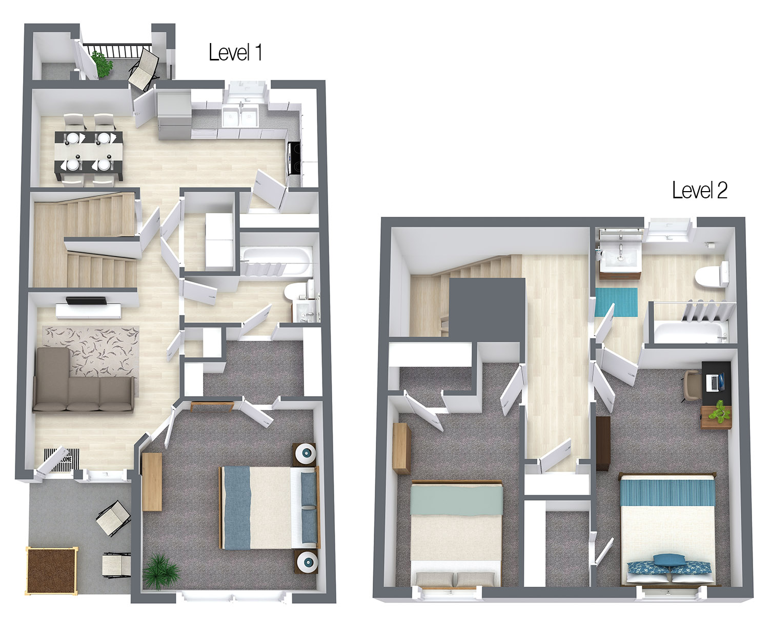 Floorplan - Three Bedroom Townhome, 3 Beds, 2 Baths, 1205 square feet