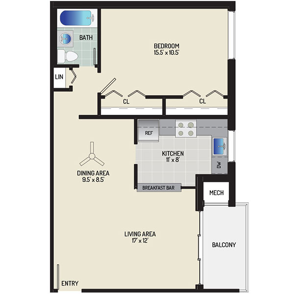 Pinewood Plaza Apartments - Floorplan - 1 Bedroom + 1 Bath