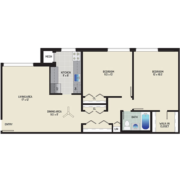 Pinewood Plaza Apartments - Floorplan - 2 Bedrooms + 1 Bath