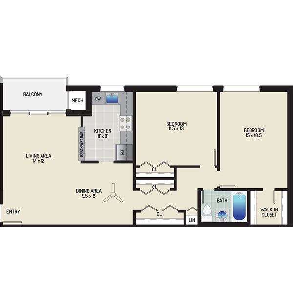 Pinewood Plaza Apartments - Floorplan - 2 Bedrooms + 1 Bath