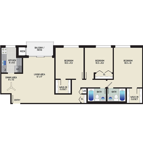 Pinewood Plaza Apartments - Floorplan - 3 Bedrooms + 2 Baths
