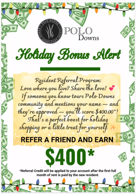 Image for Holiday Bonus Alert! - Polo Downs Resident Referral Program