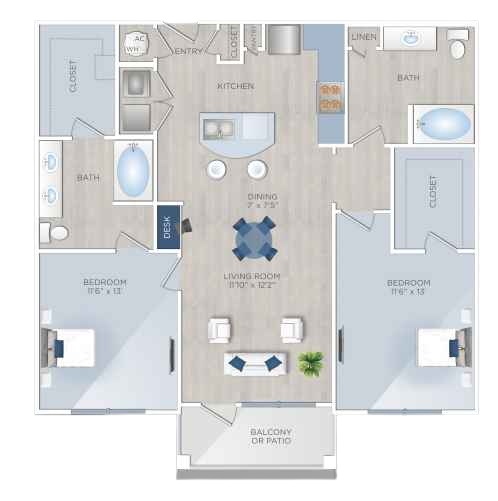 Floor plan layout for 2 Beds