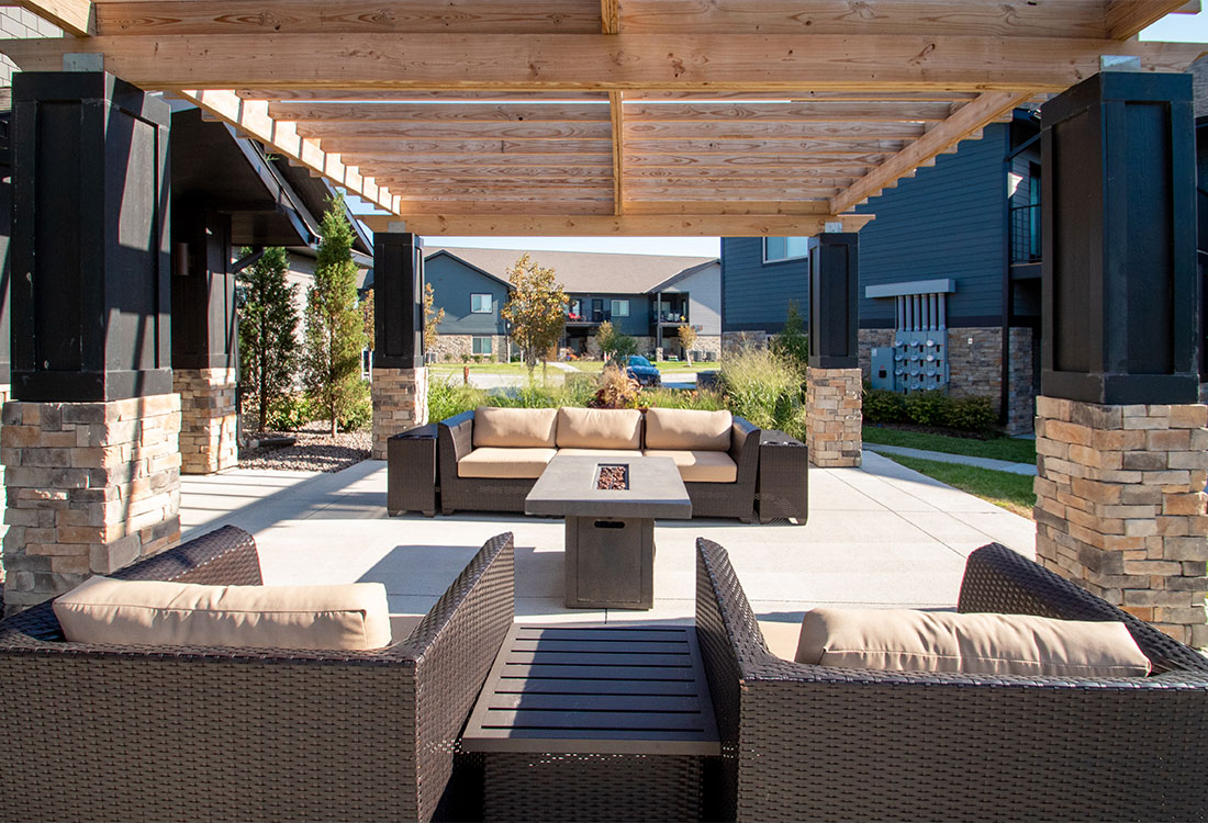 Poolside Patio with Fire Pit and Pergola at Ravello 192 in Elkhorn, NE