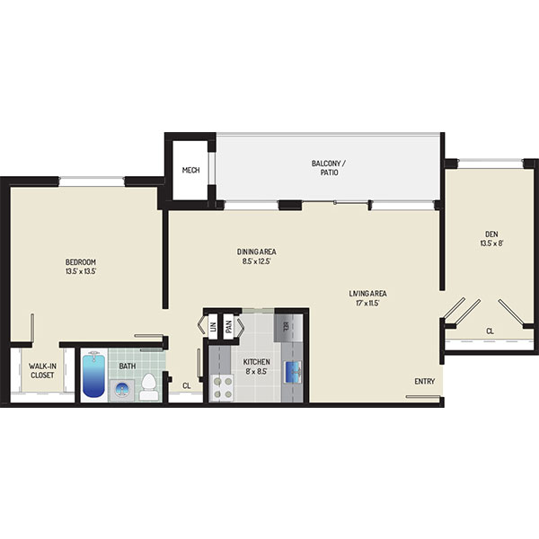 Riverside Plaza Apartments - Floorplan - 1 Bedroom + 1 Bath