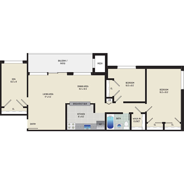 Riverside Plaza Apartments - Floorplan - 2 Bedrooms + 1 Bath