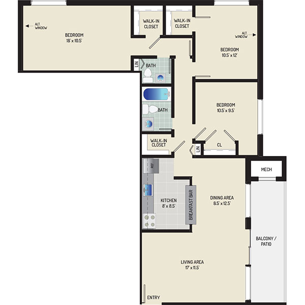 Riverside Plaza Apartments - Floorplan - 3 Bedrooms + 1.5 Baths