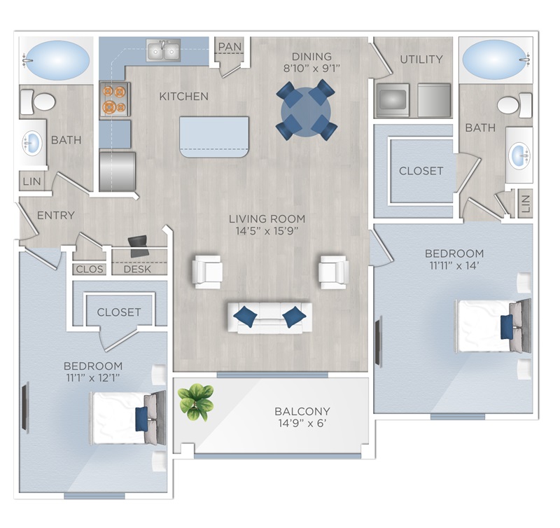 Floor plan layout for 2 Beds