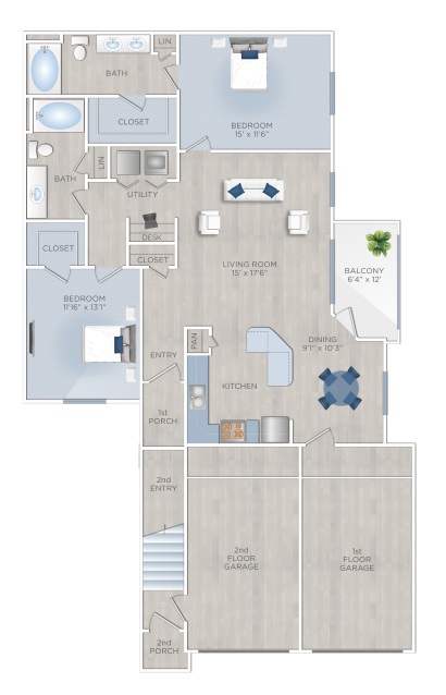 Floor plan layout for 2 Beds