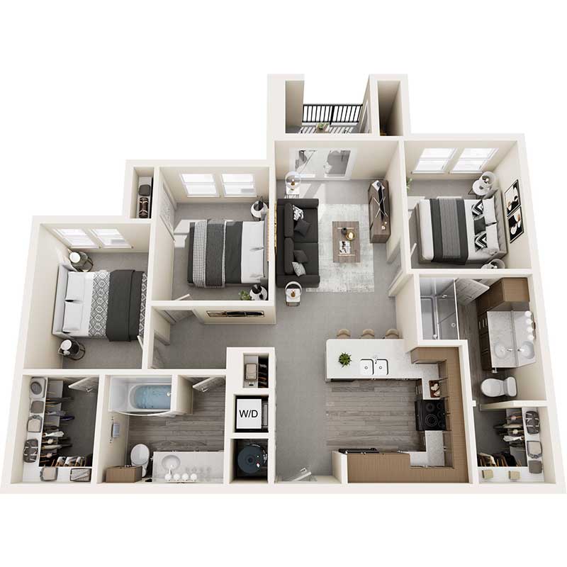 Floor plan layout for Three Bed - 1070 sq ft - 60%