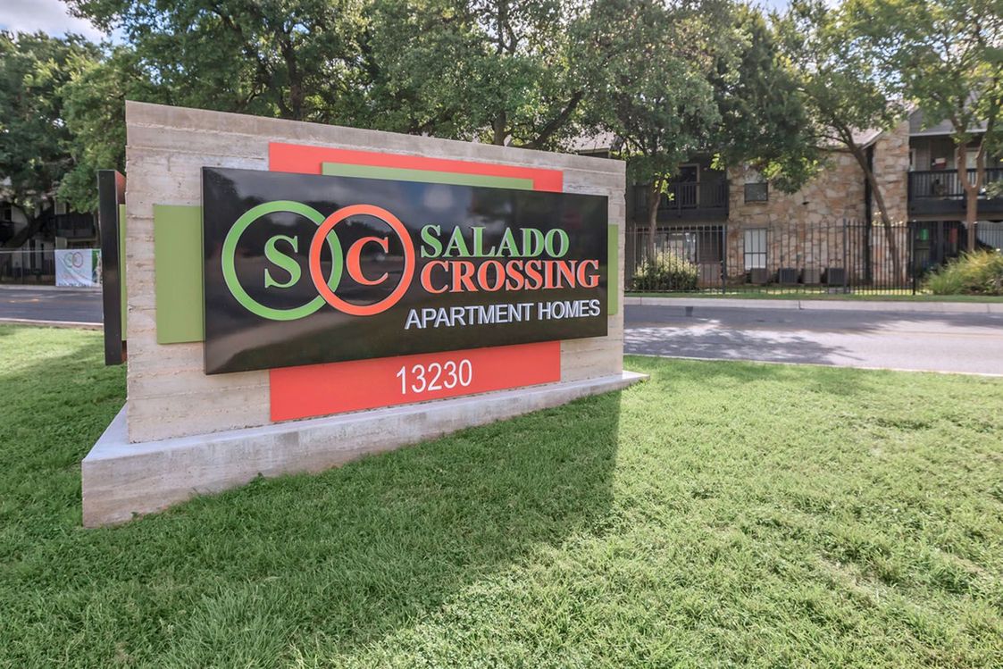 Welcome Sign at Salado Crossing Apartment Homes in San Antonio, TX