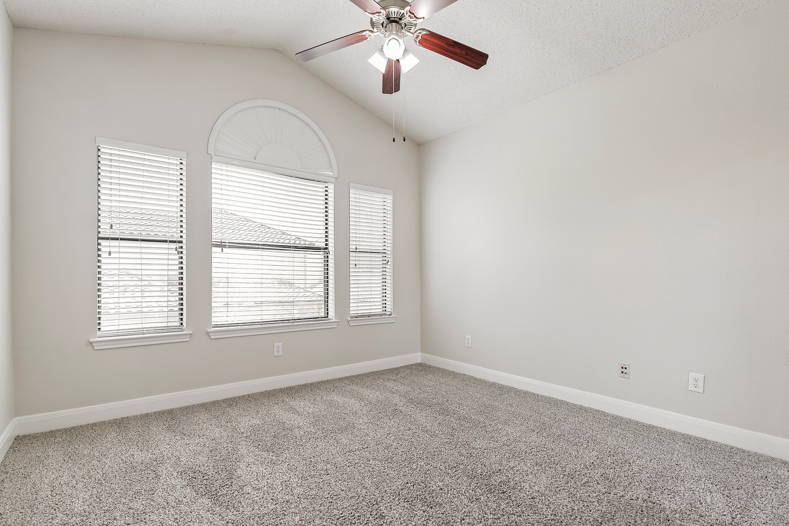 Spacious Bedroom with Vaulted Ceilings and Fan