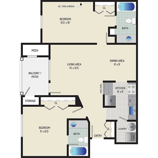 Seneca Club Apartments - Floorplan - 2 BR + 2 BA Roommate Style