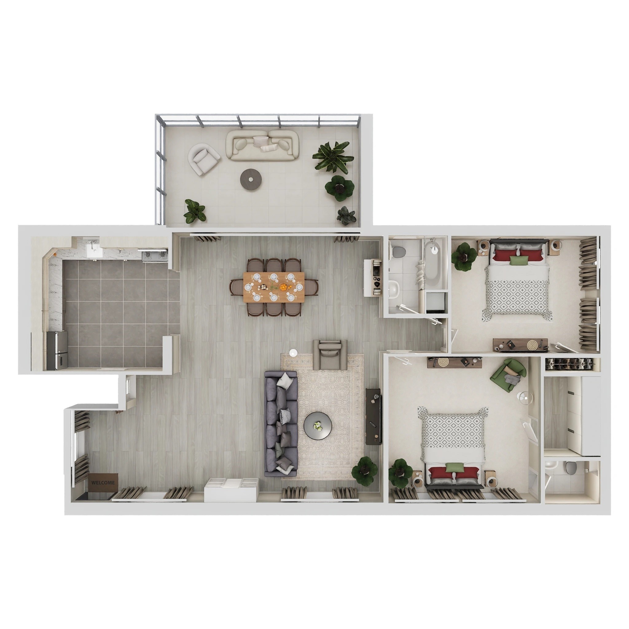Floorplan - 2Beds, 2 Beds, 1.5 Baths, 955 square feet
