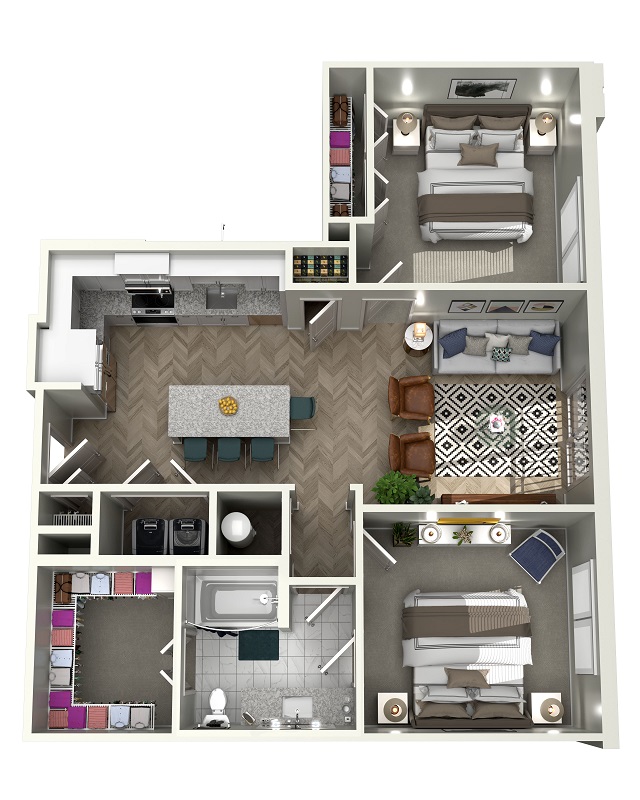 A top-down, 3d rendering of the Broadmoor floor plan. The main door opens into the kitchen, which shares an open space with the living room. The kitchen has a sink, oven/burner, cabinets, and a refrigerator. From the living room a closet can be accessed. From the living room a small patio and hallway can be accessed.  The hallway leads to two bedrooms and a bathroom. From the hallway, a bathroom can be accessed. This bathroom has a toilet, a sink, and a bathtub. The first bedroom has a small closet that is accessible from inside the room. At the end of the hall way is the primary bedroom which has its own walk in closet and bathroom. The primary bedroom's bathroom has a toilet, sink, and standing shower.