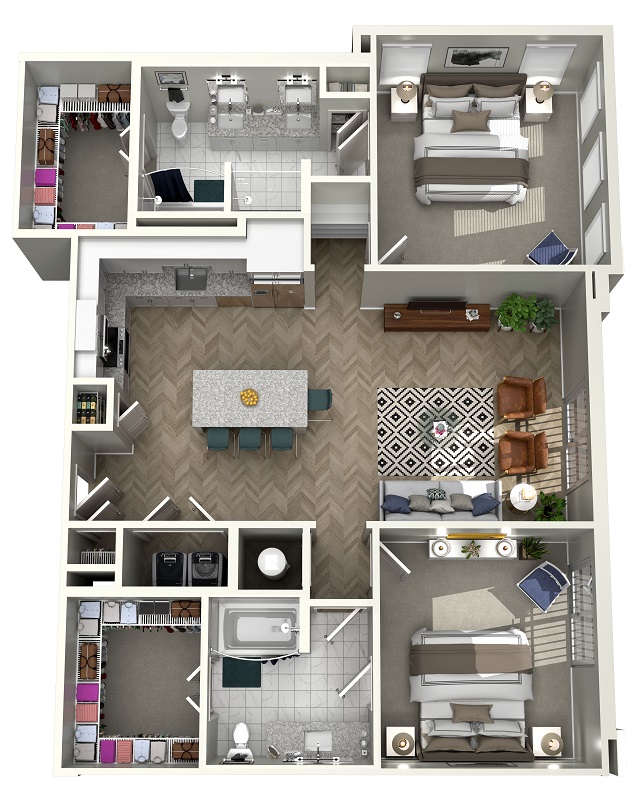A top-down, 3d rendering of the Bywater floor plan. The main door opens into the kitchen, which shares an open space with the living room. The kitchen has a sink, oven/burner, cabinets, and a refrigerator. From the living room a closet can be accessed. From the kitchen a hallway can be accessed. The hallway leads to two bedrooms and a bathroom. The first bathroom can be accessed from the hallway. This bathroom has a toilet, a sink, and a bathtub. The primary bedroom, which is accessed halfway down the hallway, has two closets and bathroom. The primary bedroom's bathroom has a toilet, sink, and bathtub. At the end of the hall, the secondary bedroom has two small closets that are accessible from inside the room. 