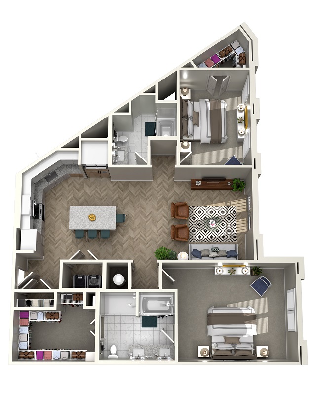 A top-down, 3d rendering of the Gentilly floor plan. The main door opens into the kitchen, which shares an open space with the living room. The kitchen has a sink, oven/burner, cabinets, and a refrigerator. From the living room a closet can be accessed. From the kitchen a hallway can be accessed. The hallway leads to two bedrooms and a bathroom. The first bathroom can be accessed from the hallway. This bathroom has a toilet, a sink, and a bathtub. The primary bedroom, which is accessed halfway down the hallway, has two closets and bathroom. The primary bedroom's bathroom has a toilet, sink, and bathtub. At the end of the hall, the secondary bedroom has two small closets that are accessible from inside the room. 