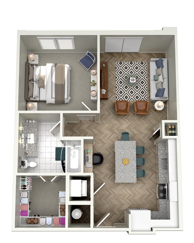 A top-down, 3d rendering of the Lakeview floor plan. The main door opens into the kitchen, which shares an open space with the living room. The kitchen has a sink, oven/burner, cabinets, and a refrigerator. From the living room two closetes can be accessed. From the living room a small patio and the bedroom can be accessed. The bedroom has a closet. From the hallway, a bathroom can be accessed. This bathroom has a toilet, a sink, and a bathtub.