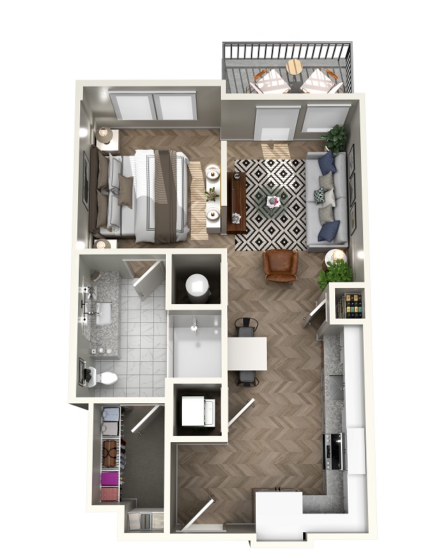 A top-down, 3d rendering of the Midcity floor plan. The main door opens into the kitchen, which shares an open space with the living room. The kitchen has a sink, oven/burner, cabinets, and a refrigerator. From the kitchen a closet can be accessed. From the living room a small patio and the bedroom can be accessed and has a closet. From the hallway, a bathroom can be accessed. This bathroom has a toilet, a sink, and a bathtub.